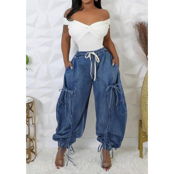 Women's Baggy Cargo Jeans Denim High Waisted Drawstring Streetwear - Picture 4 of 5